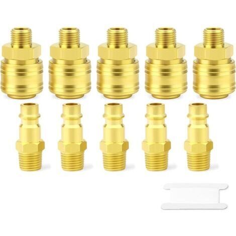 Pair 10pièces Raccord industriel mâle et bouchon d'air Deutscher Stil 1/4 pouce, raccord rapide pour air comprimé 1/4 pouce à débit de base, bouchon d'air (1/5)