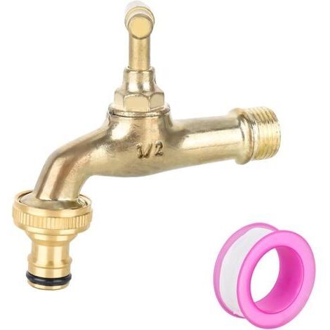 Pair Robinet de tuyau en laiton massif 1/2 pouce pour jardin antirouille et antigel avec robinet avec 1 ruban d'étanchéité à rouleau pour jardin (1/5)