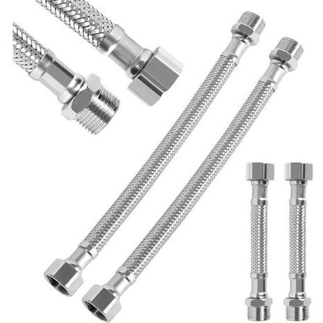 Pair Tuyaux Flexibles 3/8\", 4 Pièces Tuyau Flexible En Acier Inoxydable, Tuyau De Raccordement Universel En Acier Inoxydable Pour Robinet Salle De Bain WC(20 cm/10 cm) (1/5)