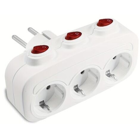 Pair Multiprise murale standard UE 1 vers 3 avec interrupteurs indépendants – Prise de voyage, 3 prises horizontales, sans câble, blanc (1/5)