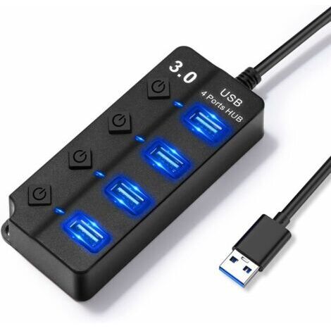 Pair Plusieurs ports USB 4 en 1 avec interrupteurs indépendants et lumières LED, plusieurs prises USB 1 port USB 3.0 et 3 ports USB 2.0, multi-USB pour le transfert de données et le chargement du PC (1/4)