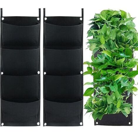 Pair 2 Pack Vertical Hanging Planting Bags, 4 Pockets Thick Felt Planting Bags for Balcony, Outdoor, Garden, Yard, Office, Home Decoration (Black) (1/5)