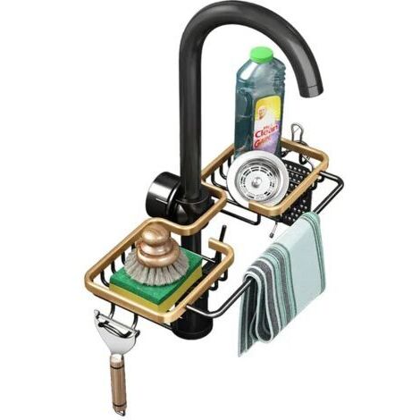 Pair Support de vidange d'évier en aluminium, espace de rangement des éponges porte-robinet porte-savon étagère égouttoir panier (1/5)