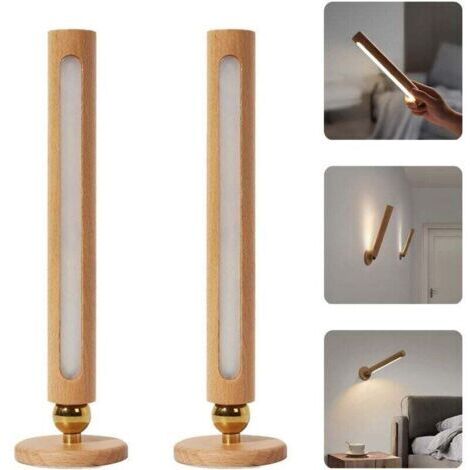 Pair Lampe murale LED magnétique en bois rotative à 360 degrés, rechargeable, détachable, gradation progressive, veilleuse USB, convient aux chambres (lot de 2). (1/4)