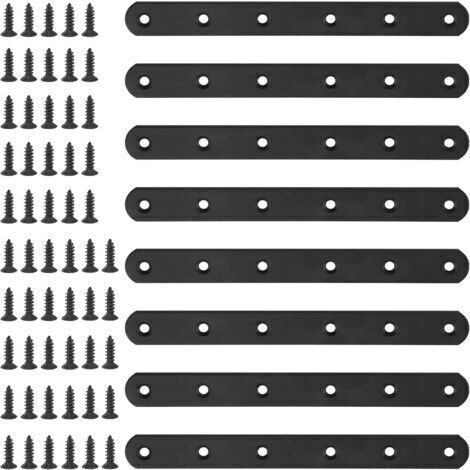 Pair Un ensemble de 8 supports de montage plats et droits en métal noir de 200 mm avec 55 vis pour meubles en bois (200 x 20 x 3 mm). (1/4)