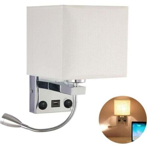 Pair Applique murale de chevet, lampe murale LED USB flexible Lampe de lecture Support de bras pivotant pour chambre à coucher E27 Veilleuse murale (ampoules non incluses) (1 avec port USB) [Classe én (1/4)