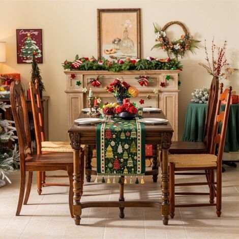 Pair Christmas Table Runner Xmas Dining Table Linen Decoration with Tassels Cotton Blend Winter Holiday Decoration, ( 35 x 180 ) (1/5)