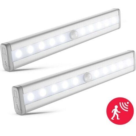 Pair lot de 2 veilleuses LED avec détecteur de mouvement, éclairage armoire placard vitrine, réglette LED, auto-adhésif, alimentation par piles AAA (non fournies), finition aluminium (1/4)