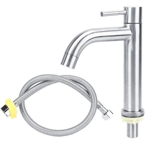 Pair - SJLERST Robinet lavabo inox brossé colonne eau froide flexible inclus (1/5)