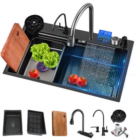 Pair - Évier de Cuisine Cascade Multifonctionne Evier Cuisine 1 Bac 80 x 45 cm, Robinetterie Extractible Rinceuse en Verre Evier à Poser avec Trous pour Robinets et Distributeurs de Savon B