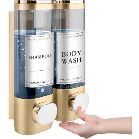 Pair - SJLERST Distributeur de Savon Mural, Distributeur Gel Douche, Distributeur Double de Shampoing et Après-shampoing sans Perçage ABS pour Salle de Bain Cuisine Marché Hôtel Restaurant 300ML2(Or)