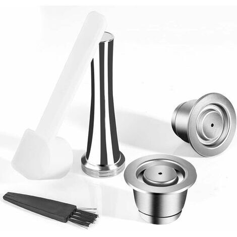 Pair - Lot de 2 dosettes à café réutilisables en acier inoxydable compatibles Nespresso avec 1 presse 1 cuillère et 1 brosse (1/5)