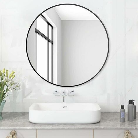 Pair - Miroir rond de salle de bain 50 cm – Cadre en plastique noir – Verre HD sans plomb – Installation facile sur murs lisses