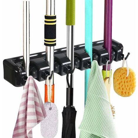 Pair - Porte Balai Mural Multifonctions,Support Cintre de Rangement avec 5 Emplacements et 6 Crochets pour Votre Cuisine,Garage,Buanderie (noir) (1/5)