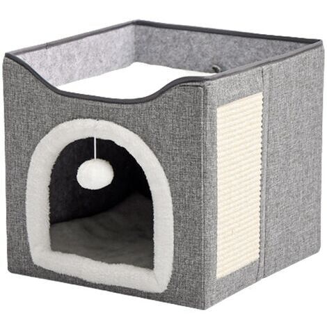 Pair - Niche pour chat double couche, pliable, douce et moelleuse, respirante, légère, matériau MDF/velours/lin, gris foncé/blanc (1/5)