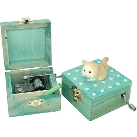 Mini wooden hand crank music box with lovely cat (yellow) (1/3)