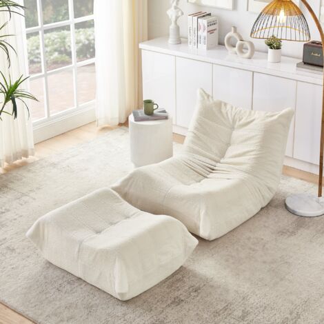 Lazy Sofa Sitzsack Teddyfell mit Rückenlehne & Hocker, Bodensessel Relax Sofa, Beige, 100x90x70cm (1/5)