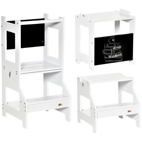 2-in-1-Trittleiter für Kinder mit Sicherheitsgeländer und Tafel, 86 x 42 x 44 cm, Weiß (1/5)