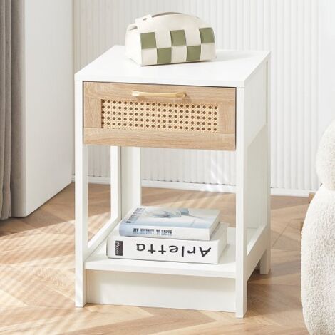 BeistelltischRattanWeiß1SchubladeH55×L40×P40cmFürSchlafzimmerWohnzimmer (1/5)