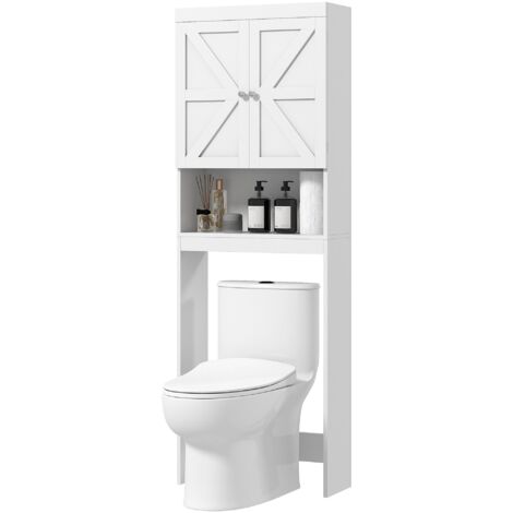 WC Überbauschrank mit 2 Türen und Regal, Badezimmerschrank über Toilette, Weiß, 58,5×23×170 cm