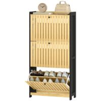 Schuhschrank für 18 Paar Schuhe, 3 Klappschubladen, Türen aus Bambus, 60 x 24 x 118 cm, schwarz und Naturholz