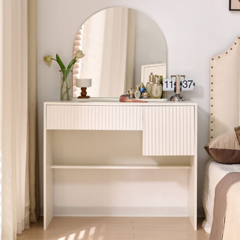 Tavolo da trucco bianco con specchio, tavolo da toeletta moderno con cassetti e ripiani a giorno, H135×L90×P40 cm