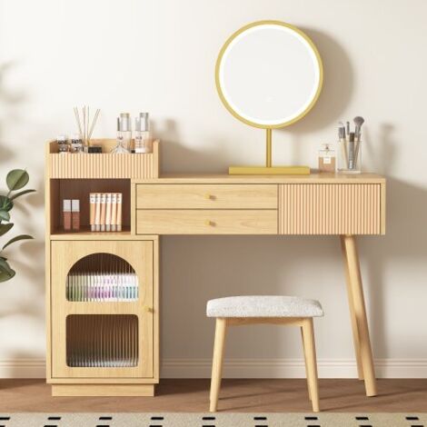 Toeletta in legno LED 3 colori, specchio incluso, 120×90×40cm, per camera