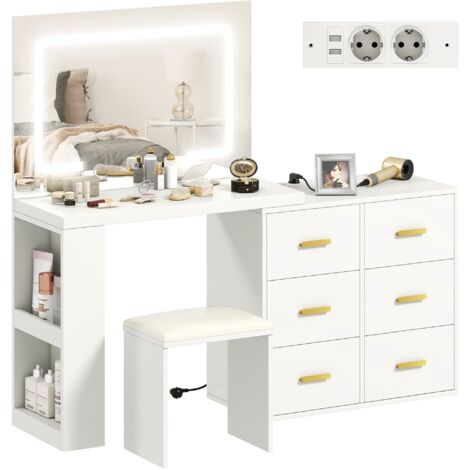 Toeletta con specchio LED regolabile, tavolo da trucco con sgabello e 6 cassetti, 118×78×135 cm Bianco