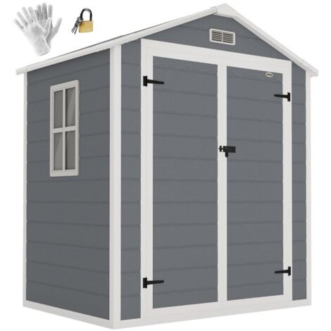 Casetta da giardino 6×4,5 ft con doppie porte chiudibili a chiave, finestra, ventilazione e tetto in plastica, Grigio