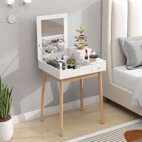 Toeletta con specchio ribaltabile, 2 cassetti e gambe in legno di pino, tavolo da trucco/scrivania, Bianco (1/5)