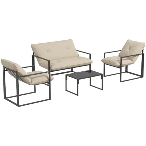 Set de muebles de jardín de 4 piezas para 4 personas con sofá de 2 plazas, 2 sillones y mesa de centro, Gris