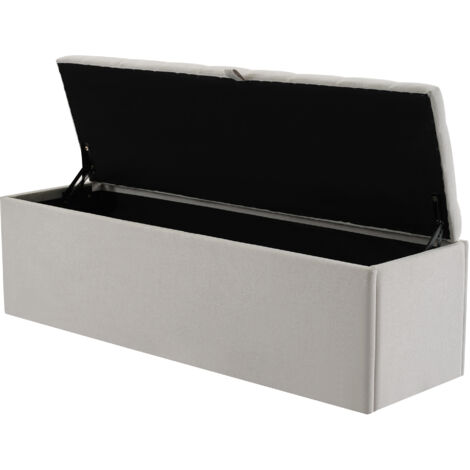 Banco tapizado en lino gris claro con almacenamiento, 141 × 41,5 × 47 cm, otomana y banco tapizados para mesita de noche