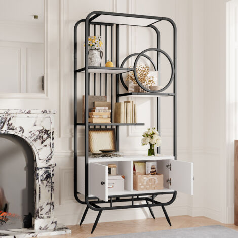 Estantería metálica de 80x30x180 cm, blanca/negra, con doble puerta, 3 estantes, patas metálicas altas, moderna y estable. (1/5)