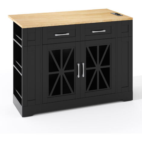 Isla de cocina 120x65x92cm, portátil con mesa plegable, USB y CA, estante abierto, puerta de cristal y ruedas Frenos