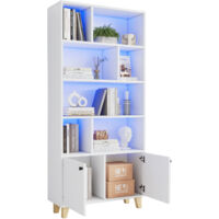 Librería, 80 × 30 × 173 cm, blanca, con LED y mando a distancia, puertas dobles, patas de madera maciza, almacenamiento moderno