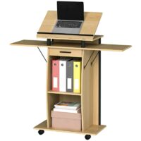 Atril con ruedas roble 126×37×136cm, podio con alas plegables, mesa para portátil con cajón y estantes