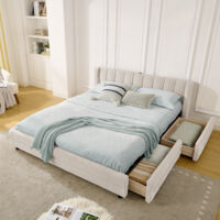 Cama 140x200 cm Beige con USB, estantes laterales, tela chenilla, cabecero ergonómico