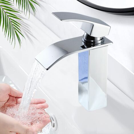 Mitigeur de Lavabo Chromé en Laiton avec Levier Unique, Robinet Salle de Bain Cascade Eau Chaude et Froide pour Lave-Mains
