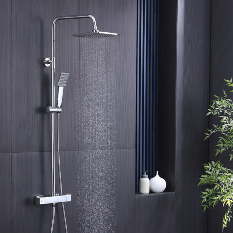 Aihom – Colonne de douche hydromassante thermostatique chromée – Hauteur réglable 1006-1206mm – Pomme pluie carrée 9 pouces – Sécurité anti-brûlure 38°C