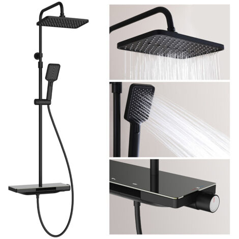 Colonne de Douche Thermostatique Noir, Hauteur Réglable, Ensemble Sans Percement Supplémentaire, avec Étagère de Rangement et Boutons Piano, en Laiton