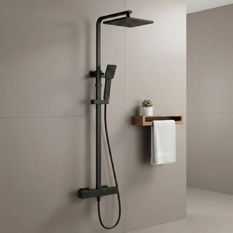 Colonne de Douche Thermostatique Sécurisée, Température Stable, Installation Facile pour Rénovation, Hauteur Réglable 855–1105 mm, Corps en Laiton Noir