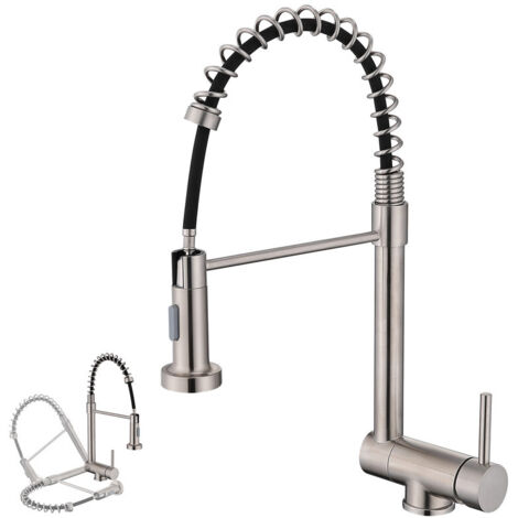 Mitigeur de Cuisine brossé pliable à ressort avec douchette 2 Jets, Robinet Cuisine d'Evier Rabattable Rotatif à 360° en Inox 304