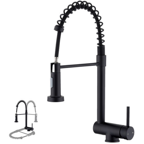 Mitigeur de Cuisine Noir pliable à ressort avec douchette 2 Jets, Robinet de Cuisine d'Evier Rabattable Rotatif à 360° en Inox 304