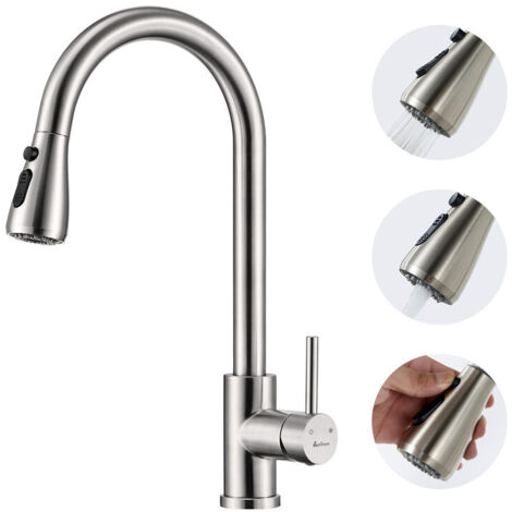 Robinet de Cuisine avec Douchette Extractible Mitigeur Cuisine Brossé en Acier Inox Robinet d'évier pour Cuisine Rotatif à 360° avec 3 Modes