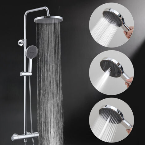 Colonne de Douche Thermostatique, Ensemble de Douche Hauteur Réglable sans Percement Supplémentaire Chromé avec Douchette 3 Jets, Mitigeur en Laiton