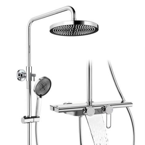 Colonne de Douche Chromé en Laiton, Ensemble avec Douchette 5 Jets, Cascade et Étagère de Rangement, Sans Perçage Supplémentaire Réglable en Hauteur