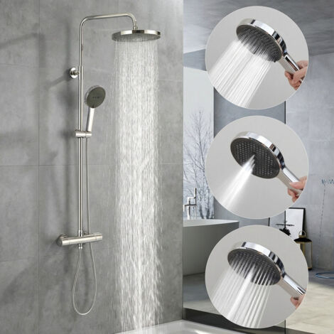 Colonne de Douche Thermostatique, Ensemble de Douche Hauteur Réglable sans Percement Supplémentaire Chromé avec Douchette 3 Jets, Mitigeur en Laiton