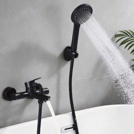 Mitigeur de Baignoire Noir Robinet Baignoire avec Douchette à Main 4 Jets Mitigeur de Douche avec Support et Flexible 1,5m Robinet Bain Douche Mural pour Salle de Bain