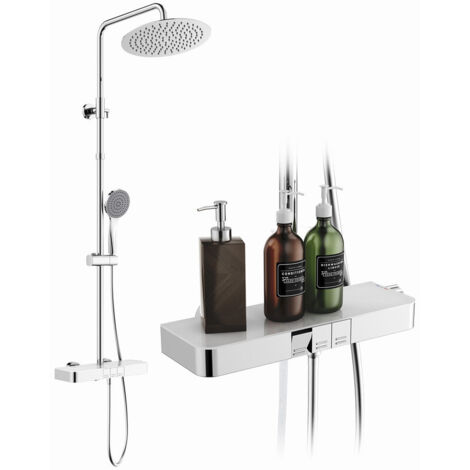 Colonne de Douche Thermostatique 40°C avec Large Étagère en Verre, Douche Pluie(30×30 cm), Hauteur Réglable 990–1210 mm, Installation Sans Perçage, Sortie d’Eau Inférieure,Acier Inoxydable & Laiton