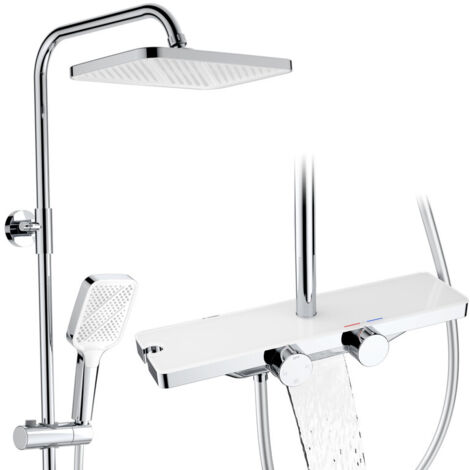 Colonne de Douche Thermostatique 38°C , Kit de Douche 3 Fonctions avec Sortie en Cascade, Double Commande & Étagère de Rangement
